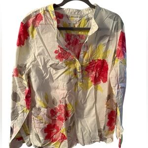 Talbots White Floral Popover Blouse with Pink and Yellow Blooms